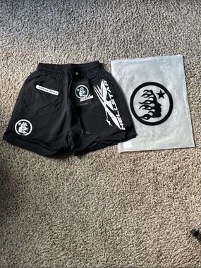 Helstar Black Men’s Hybrid Athletic Shorts with Graphic Logos
